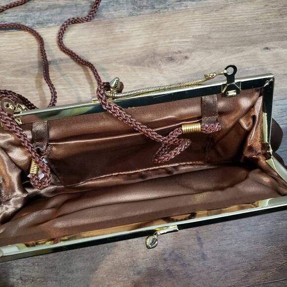 VTG Brown Sheen Braided Satin Textured Kiss Lock Crossbody Clutch Handbag - Picture 8 of 12